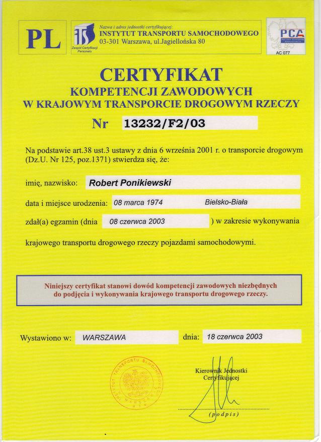 Certyfikat krajowy